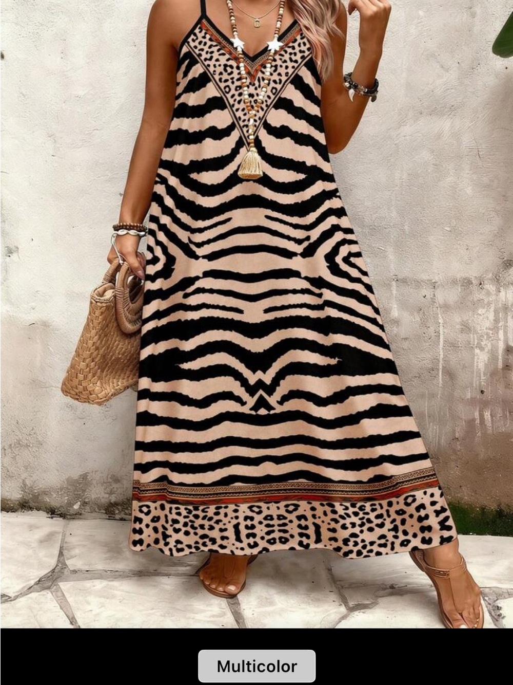 SHEIN Black and Beige Animal-Print Maxi Dress